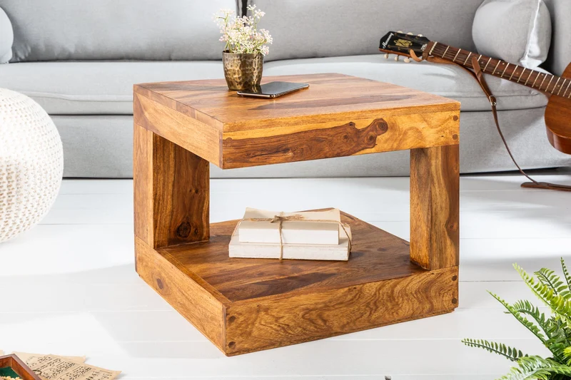 Table basse en bois précieux massif GIANT 45cm finition pierre de Sheesham marron avec étagère