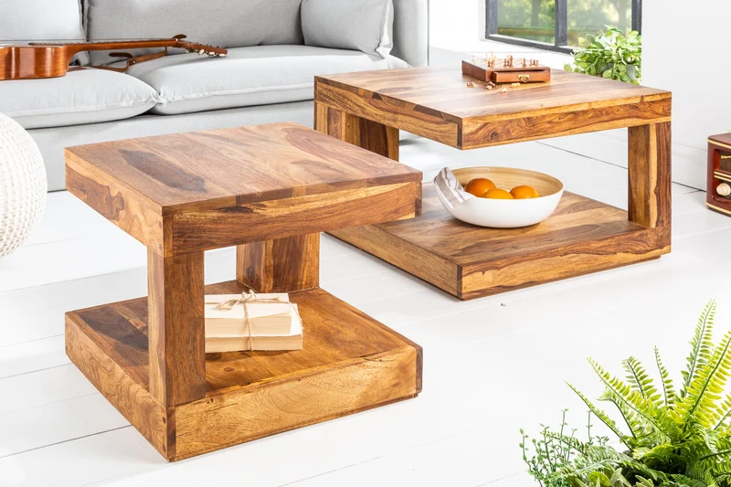 Table basse en bois précieux massif GIANT 45cm finition pierre de Sheesham marron avec étagère