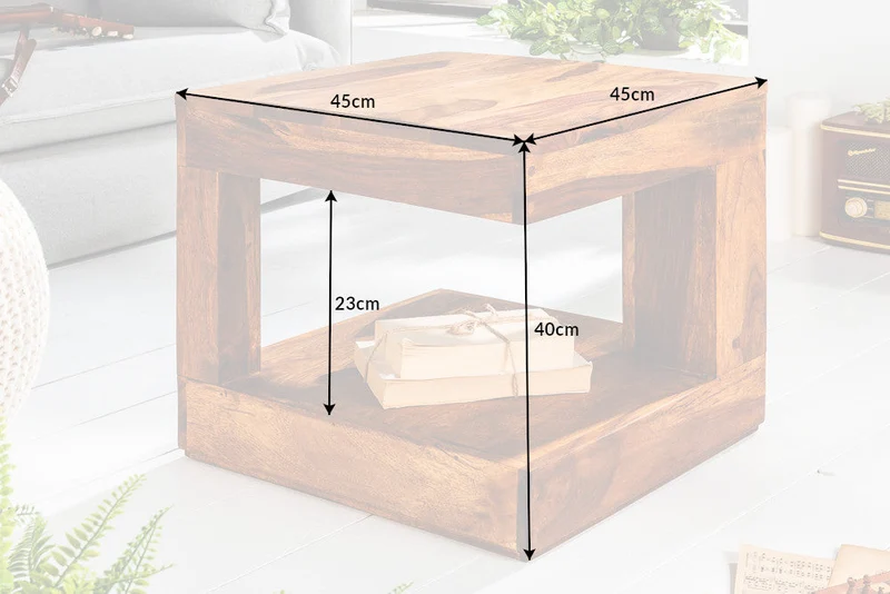 Table basse en bois précieux massif GIANT 45cm finition pierre de Sheesham marron avec étagère