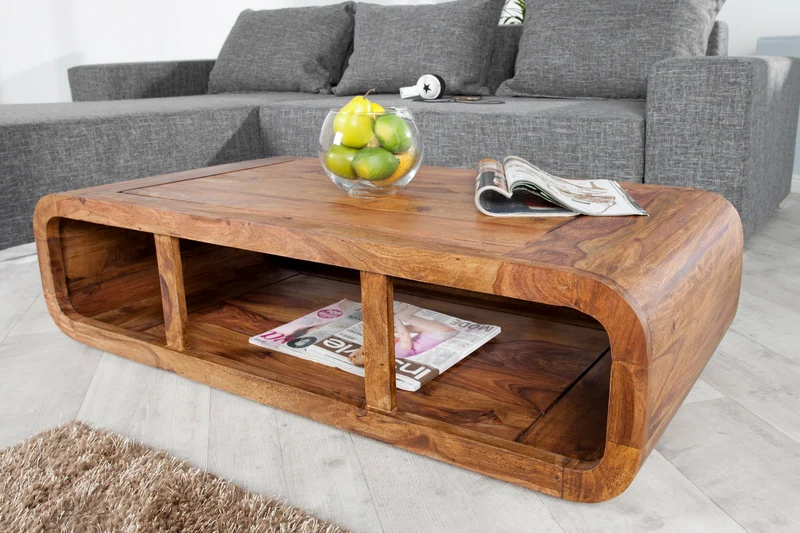 Table basse en bois massif CURVED 100cm finition pierre de Sheesham marron meuble TV bas espace de rangement
