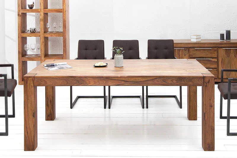 Table à manger rectangulaire en bois massif MAKASSAR 200 cm, finition pierre de Sheesham marron, pieds en bois