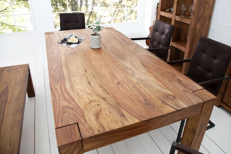Table à manger rectangulaire en bois massif MAKASSAR 200 cm, finition pierre de Sheesham marron, pieds en bois