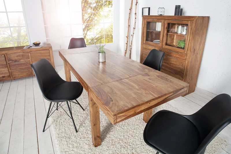 Table à manger en bois massif PURE 120-200cm finition pierre de Sheesham marron avec rallonges