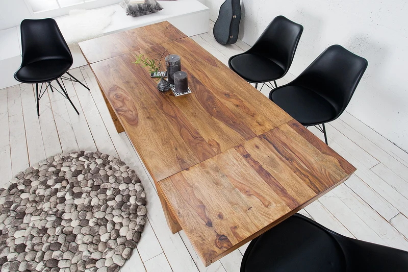 Table à manger en bois massif PURE 120-200cm finition pierre de Sheesham marron avec rallonges