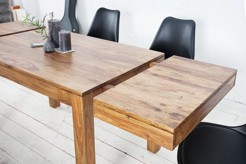 Table à manger en bois massif PURE 120-200cm finition pierre de Sheesham marron avec rallonges