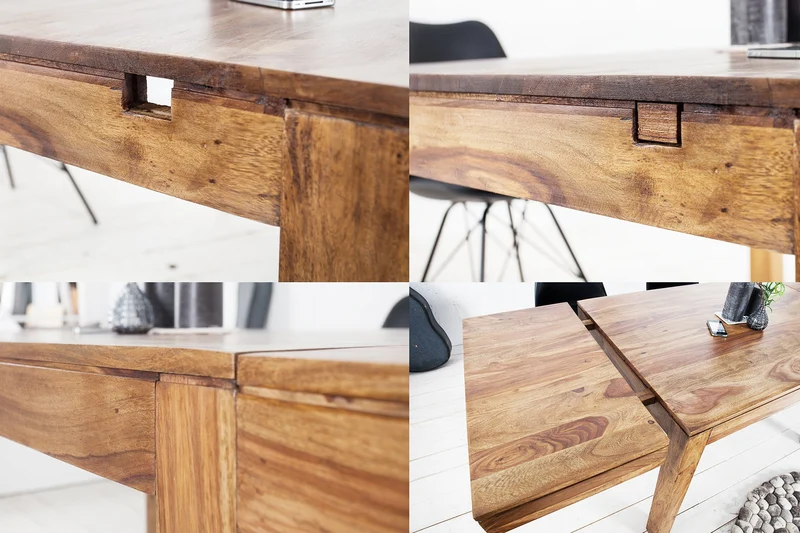 Table à manger en bois massif PURE 120-200cm finition pierre de Sheesham marron avec rallonges