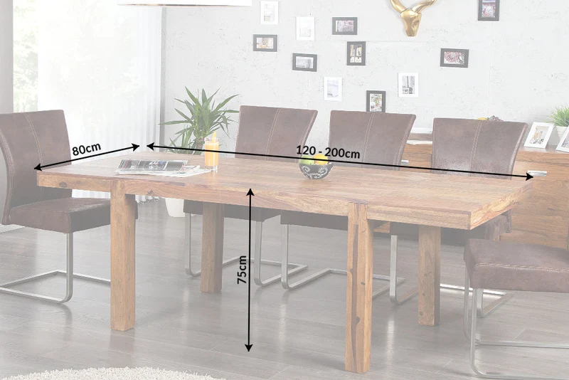 Table à manger en bois massif PURE 120-200cm finition pierre de Sheesham marron avec rallonges