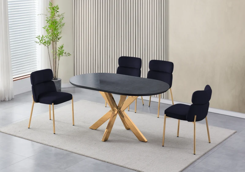 Table ovale pierre noir et 4 chaises doré – Nora