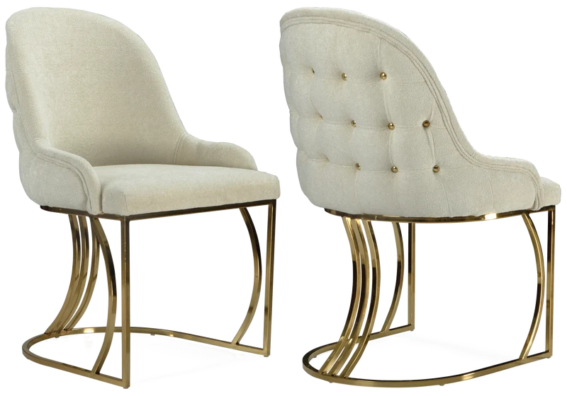 Fauteuils de table en tissu beige capitonnés dorés - Sara x2