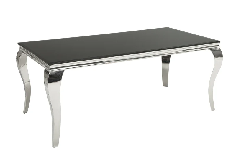 Table à manger au design élégant et moderne de style baroque, 180 cm, plateau en acier inoxydable noir et verre opale
