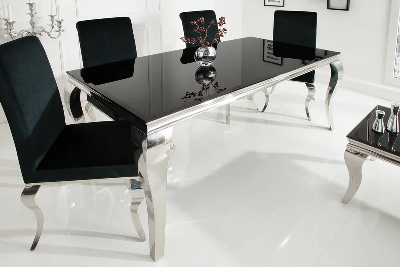 Table à manger au design élégant et moderne de style baroque, 180 cm, plateau en acier inoxydable noir et verre opale