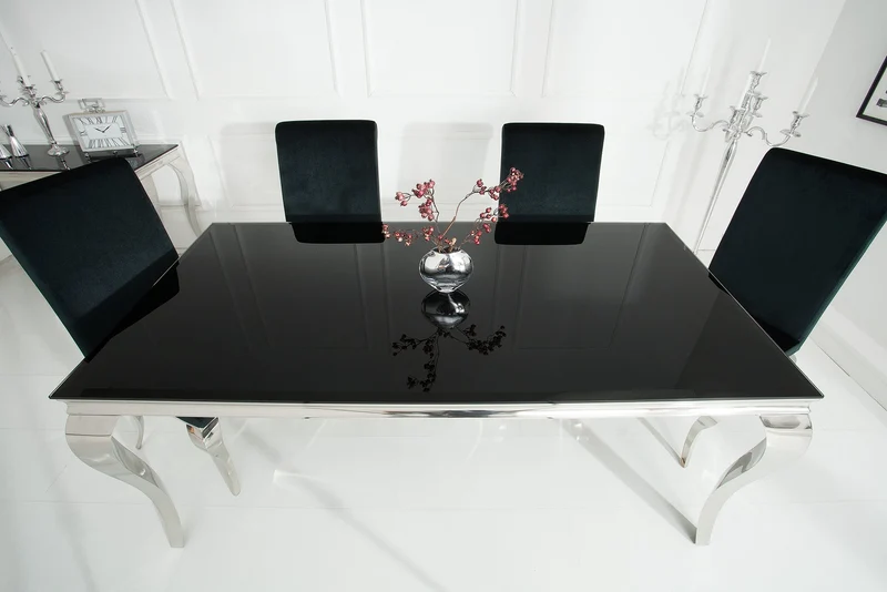 Table à manger au design élégant et moderne de style baroque, 180 cm, plateau en acier inoxydable noir et verre opale