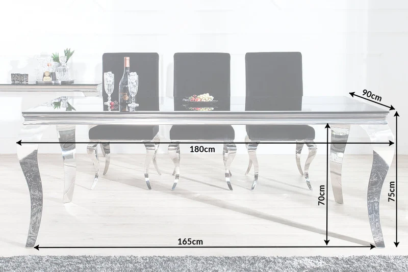 Table à manger au design élégant et moderne de style baroque, 180 cm, plateau en acier inoxydable noir et verre opale