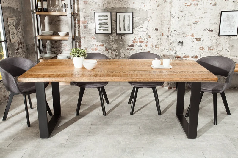 Table à manger solide IRON CRAFT 160cm bois de manguier naturel piètement luge en fer design industriel
