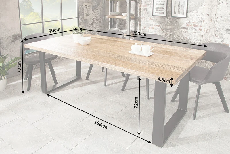 Table à manger solide IRON CRAFT 200 cm en bois de manguier naturel, structure luge en fer, design industriel