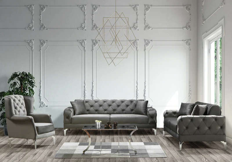 Canapé Turc Capitonné Velours Gris Argent Chesterfield – ELLA