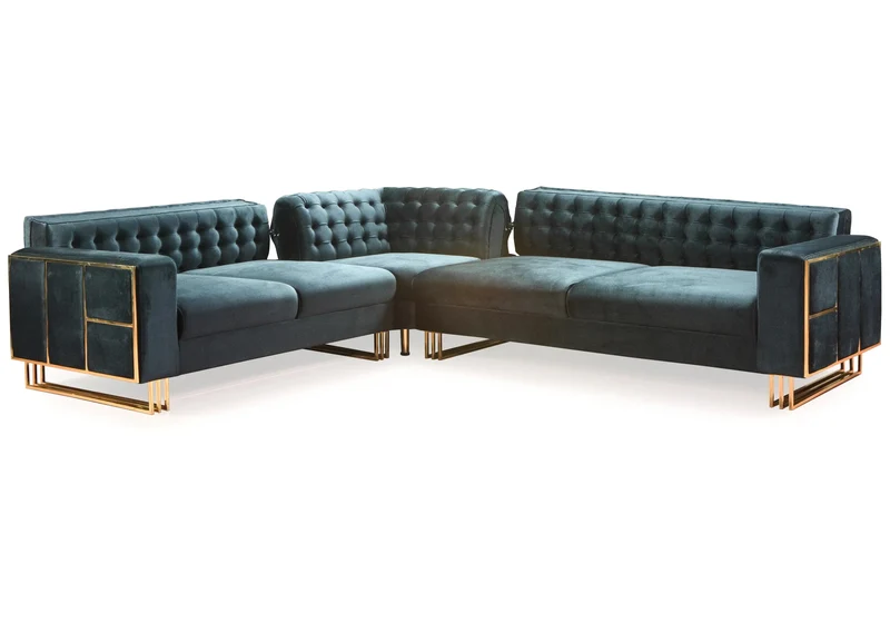Canapé Turc Angle Capitonné Velours Anthracite Design Métal Doré – RIBELLA
