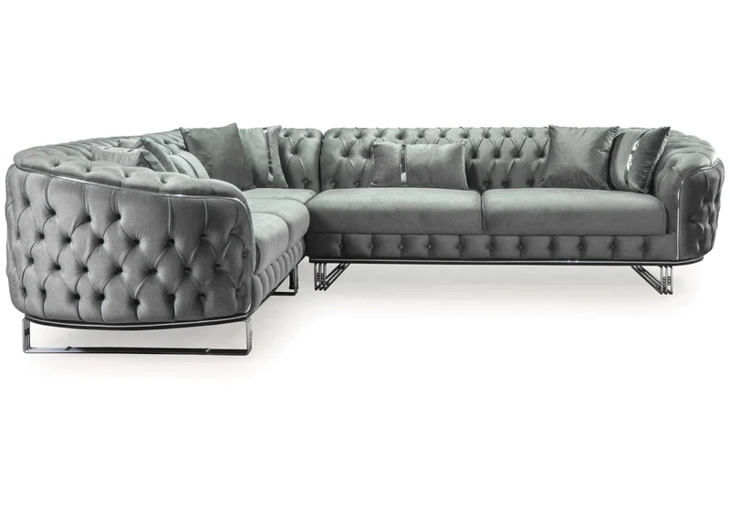 Canapé Turc Angle Capitonné Velours Gris Doré Chesterfield – PARIS