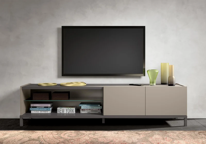 Meuble TV 2 portes et niche marbre pieds métal - Kali