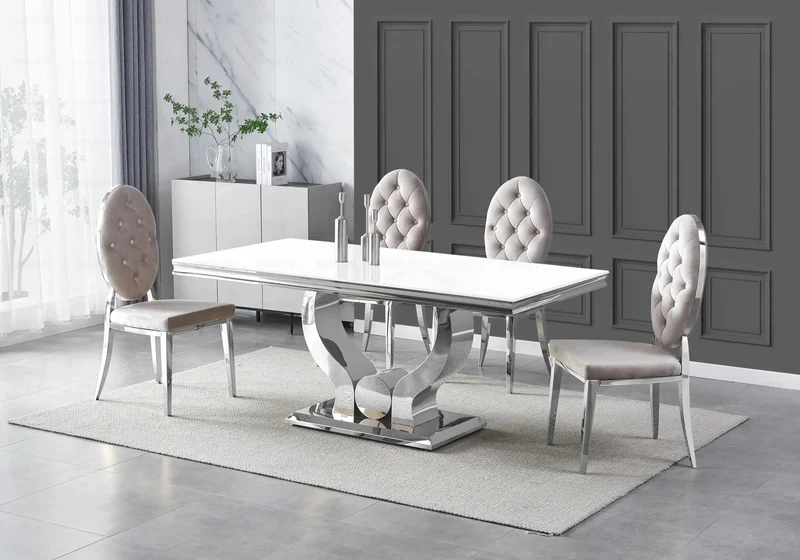 Table verre blanc et 4 chaises capitonnées argent – Omega