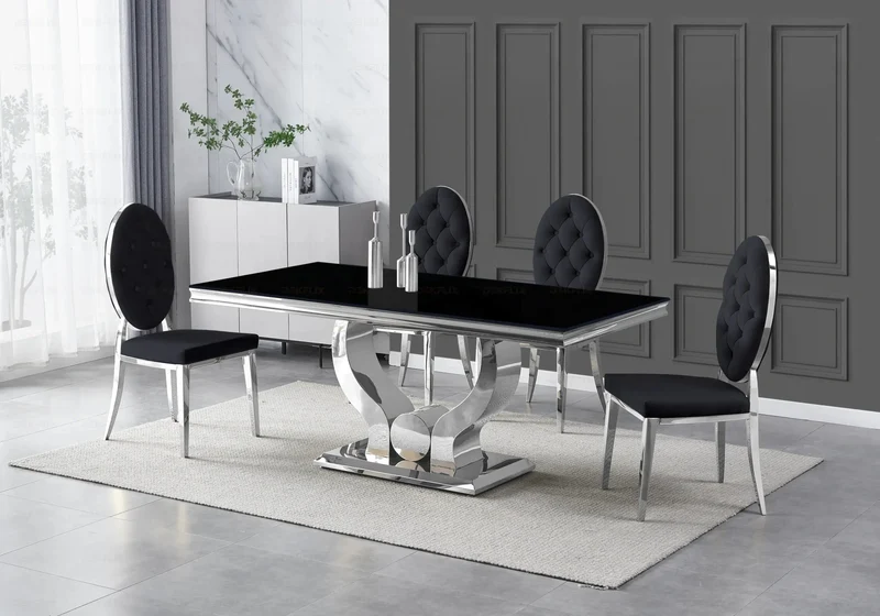 Table verre noir et 4 chaises capitonnées argent – Omega