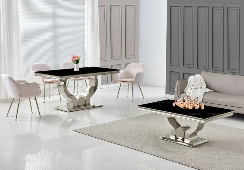 Salle à manger complète verre noir argent – Omega