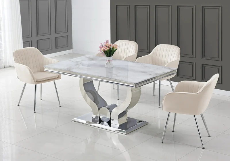 Ensemble table marbre blanc et chaises argent – Omega