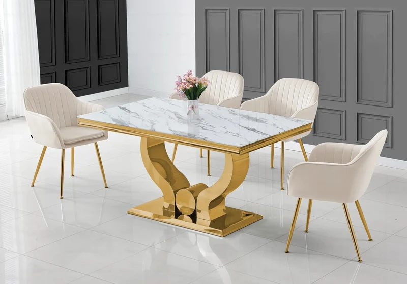 Ensemble table marbre blanc et chaises dorés – Omega