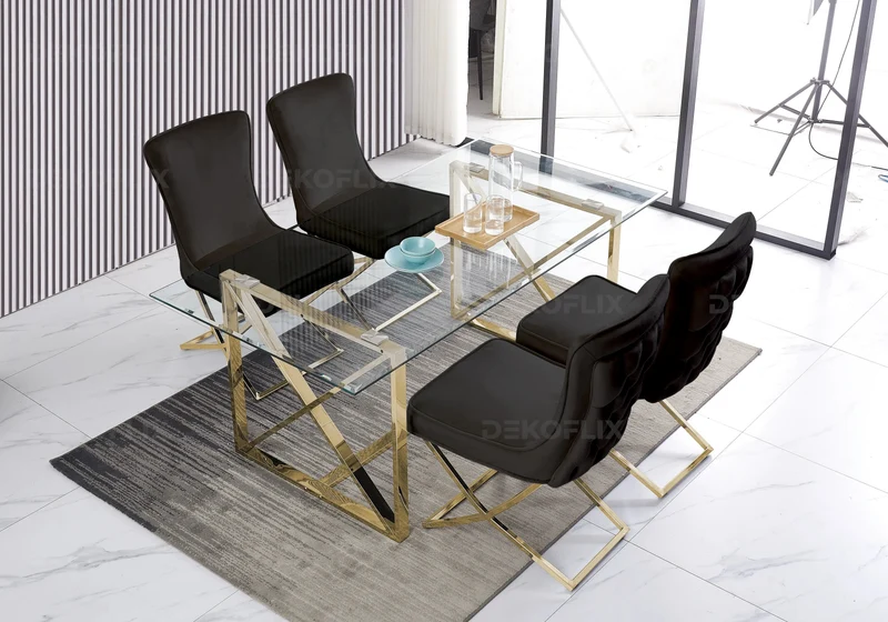 Table verre et 4 chaises velours noir dorée - Enzo