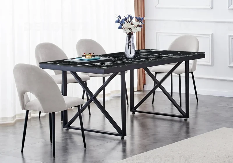 Table marbre noir et chaises grises - Clara