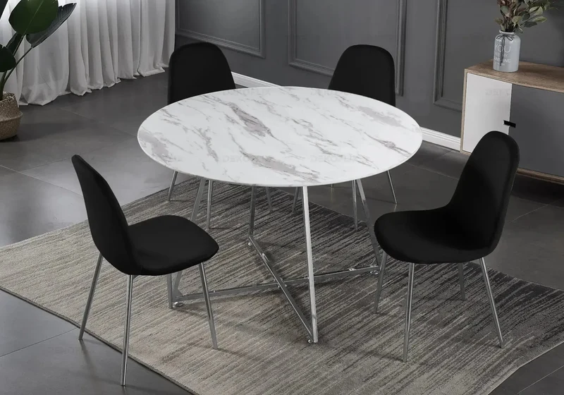 Table ronde marbre et 4 chaises argent - Gina