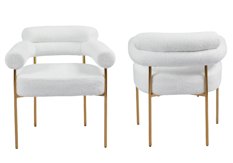 Fauteuil de table bouclée blanc pieds dorés - Laya