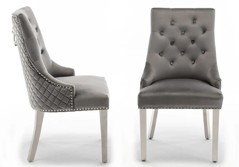Chaise capitonnée velours anthracite tête de lion argent - Lion x2