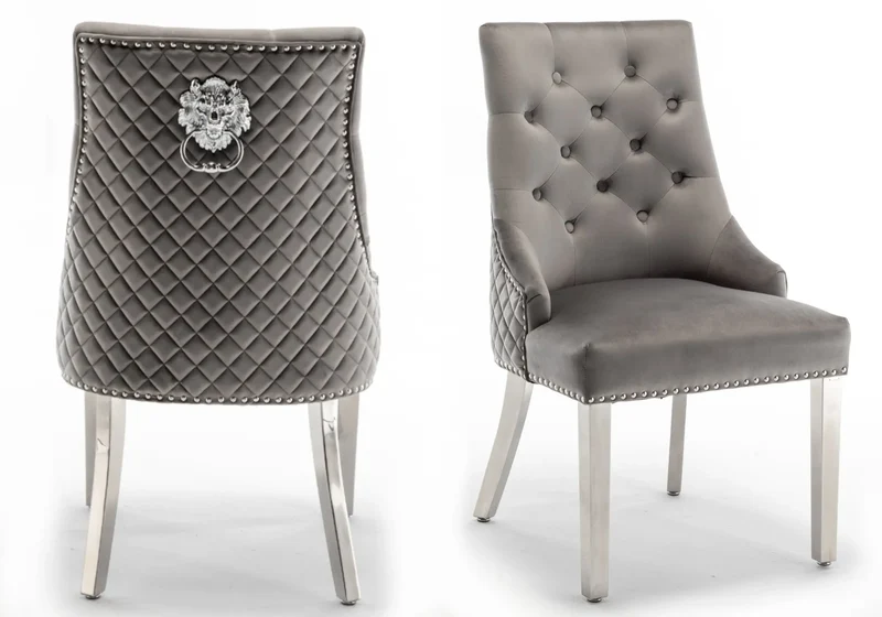 Chaise capitonnée velours anthracite tête de lion argent - Lion x2