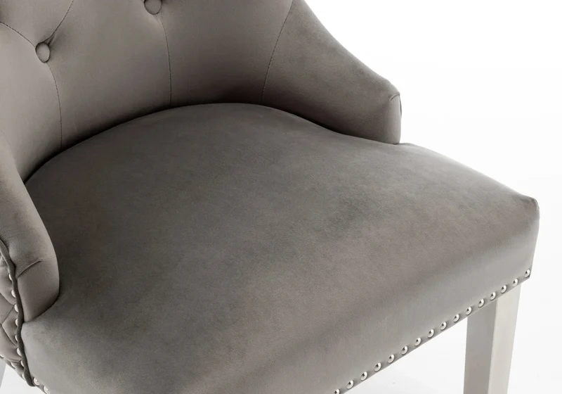 Chaise capitonnée velours anthracite tête de lion argent - Lion x2