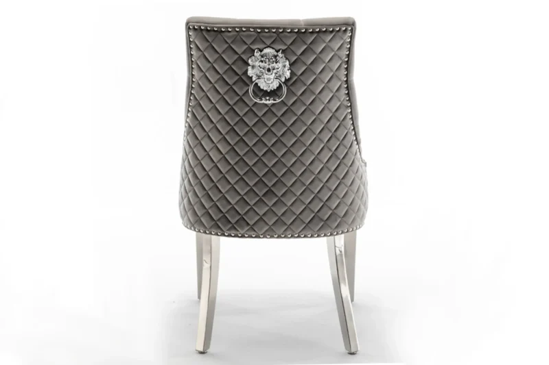 Chaise capitonnée velours anthracite tête de lion argent - Lion x2
