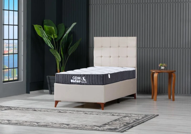 Ensemble lit coffre et matelas 1 place beige - Lore