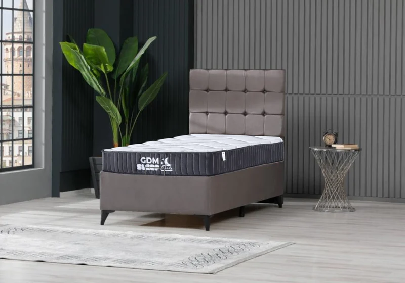 Ensemble lit coffre et matelas 1 place gris - Lore