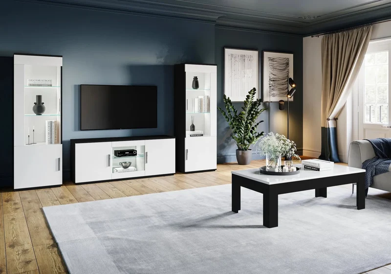 Ensemble meuble TV laqué noir blanc VENERE