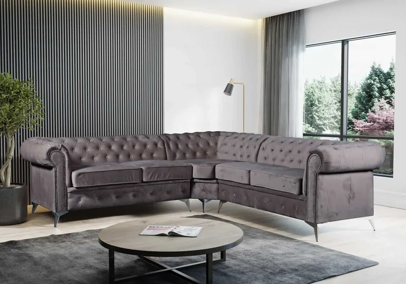 Canapé angle Chesterfield velours anthracite - Hugo