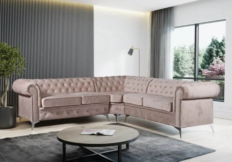 Canapé angle Chesterfield velours beige - Hugo