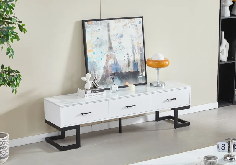 Meuble banc tv noire marbre blanc - Odel