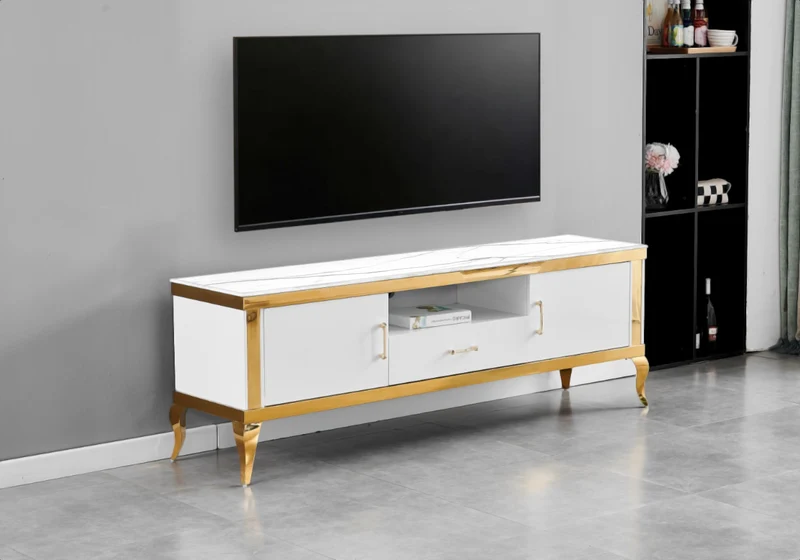 Meuble TV 170 cm marbre blanc doré - Neo