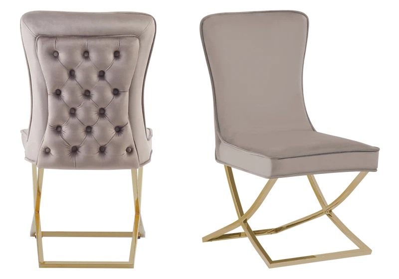 Chaise capitonnée pied croisé doré taupe - Enzo x2