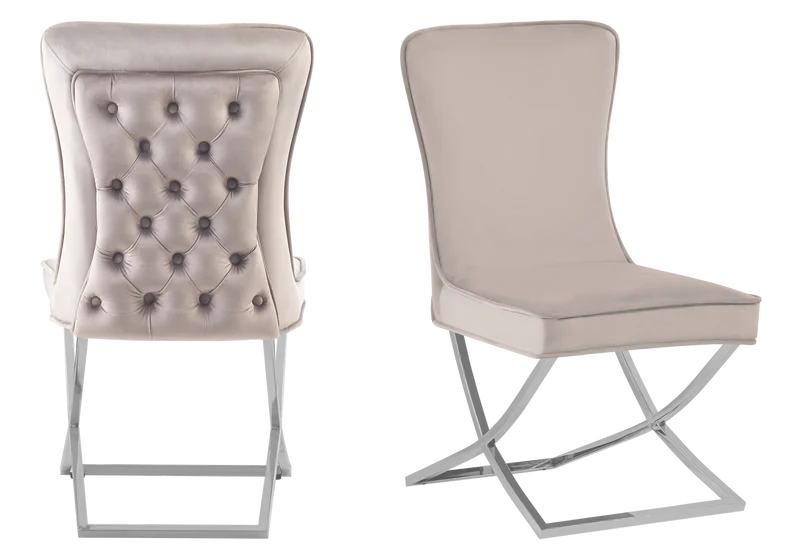 Chaise capitonnée pied croisé argent beige - Enzo x2