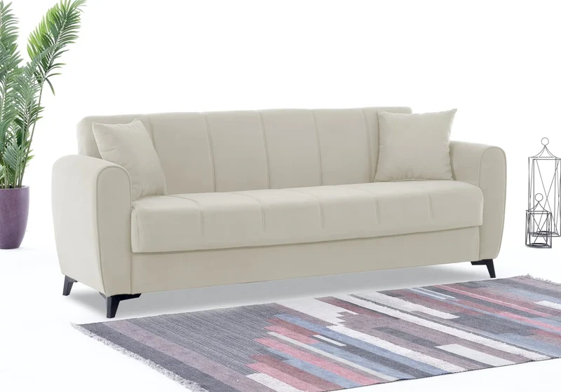 Canapé Turc Pas Cher - Lit & Coffre de Rangement - Velours Beige LARA
