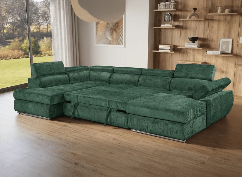Canapé panoramique convertible avec coffre en velours chiné vert olive MARIANO- Angle droit