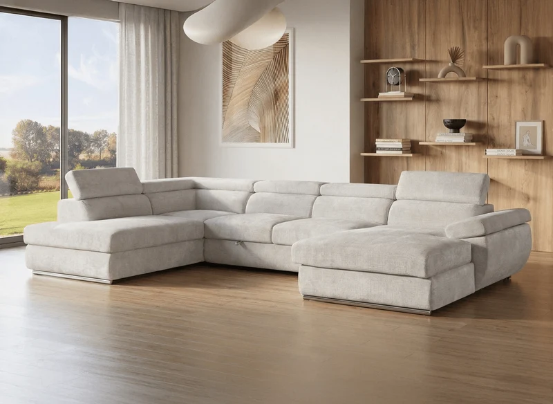 Canapé panoramique convertible avec coffre en velours chiné beige MARIANO- Angle droit
