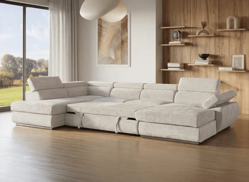 Canapé panoramique convertible avec coffre en velours chiné beige MARIANO- Angle droit
