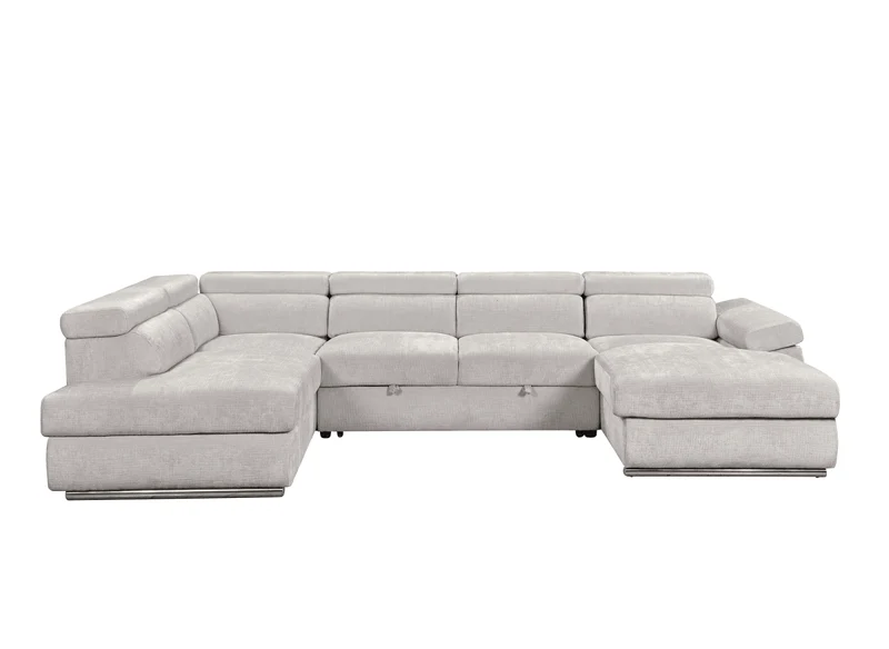 Canapé panoramique convertible avec coffre en velours chiné beige MARIANO- Angle droit